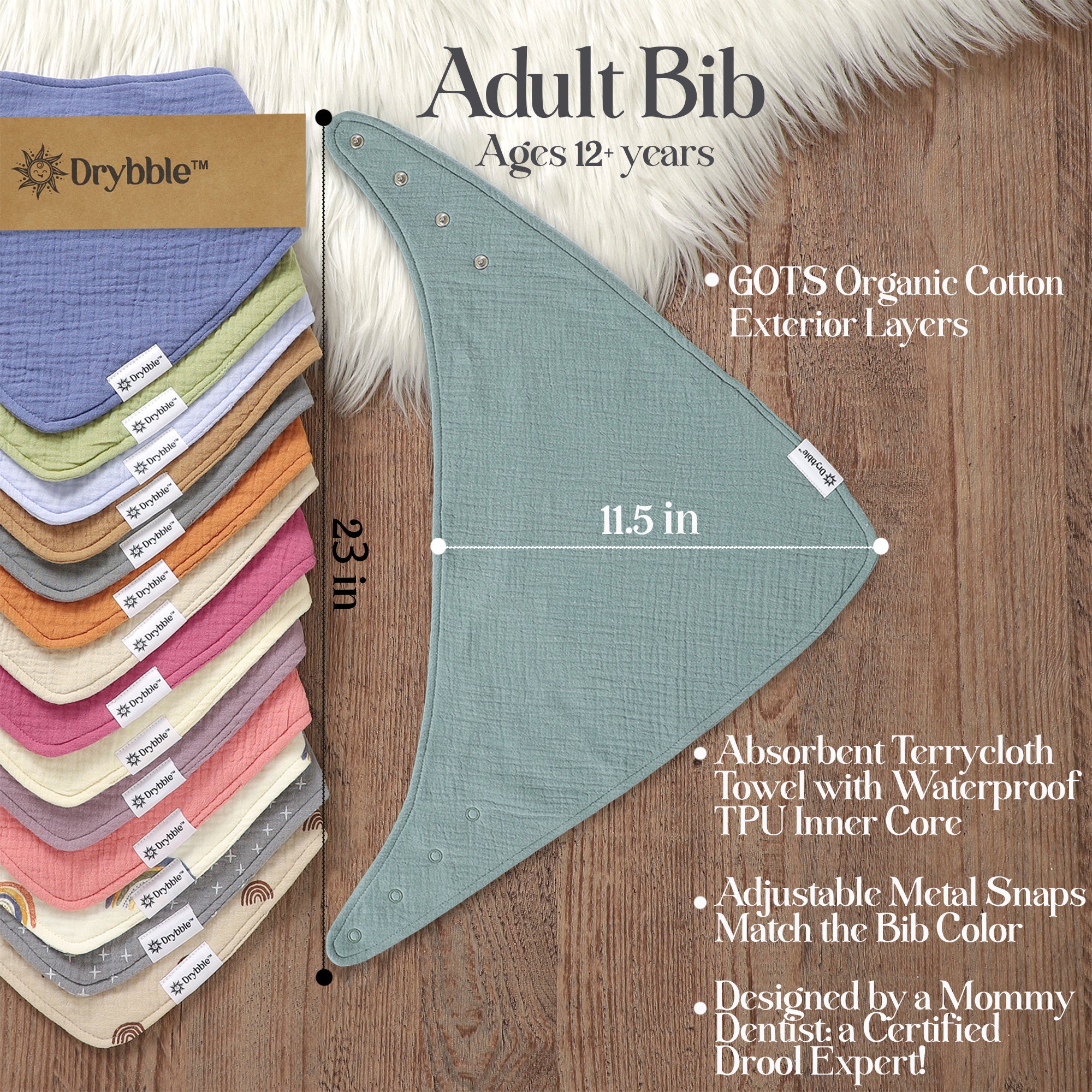 Drybble™ GOTS Organic Cotton Waterproof Adult Bandana Bibs