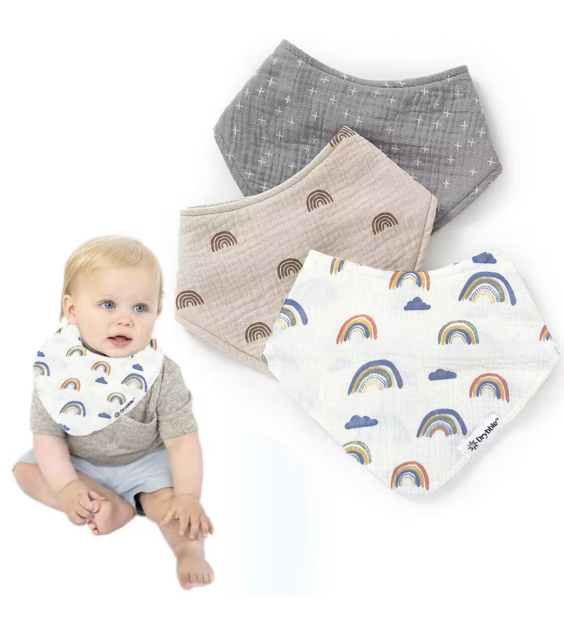 Delight - Patterned Set of Rainbows and Stars - Organic Cotton Muslin Baby Bibs