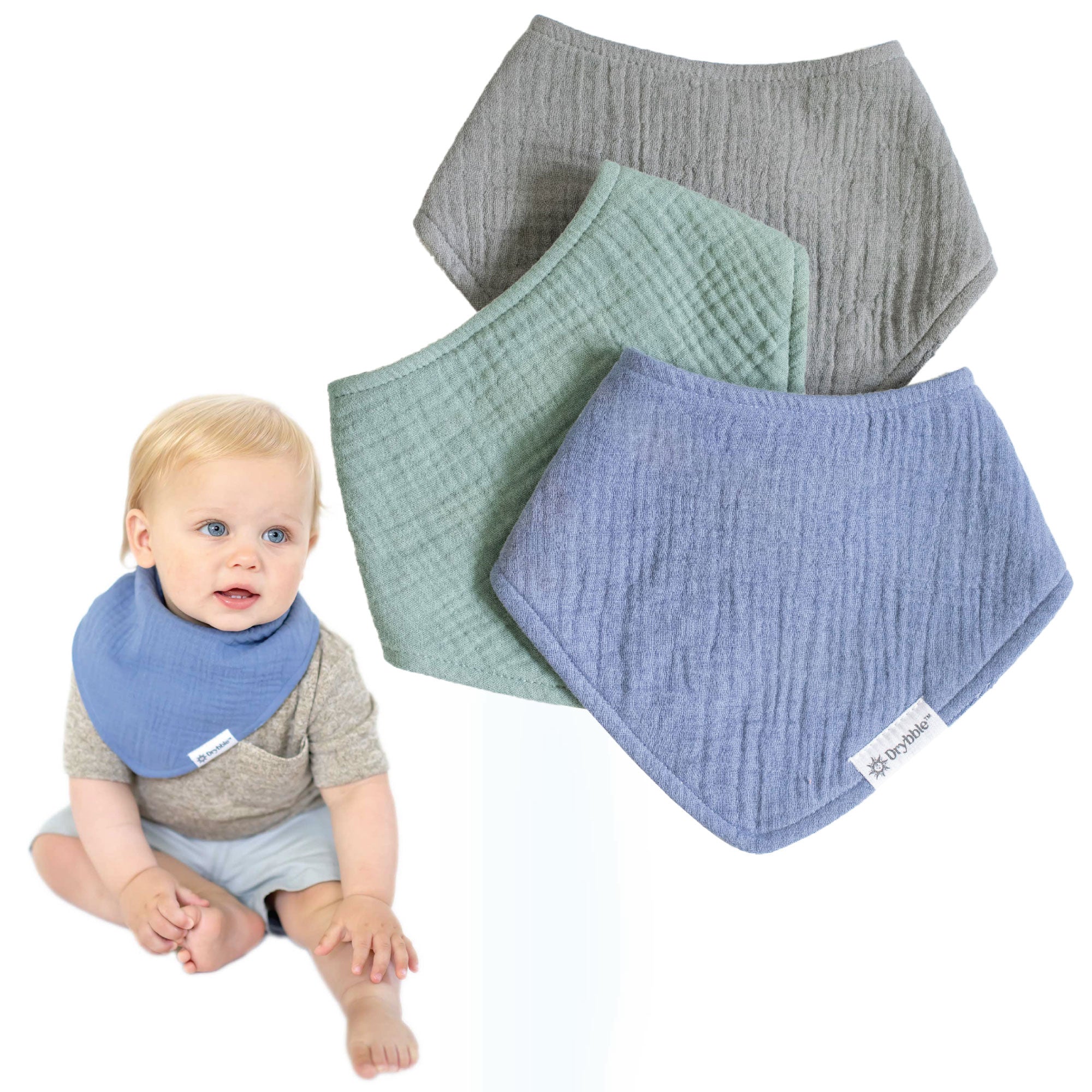 Marine- Set of Blue, Teal, and Gray - Organic Cotton Muslin Baby Bibs