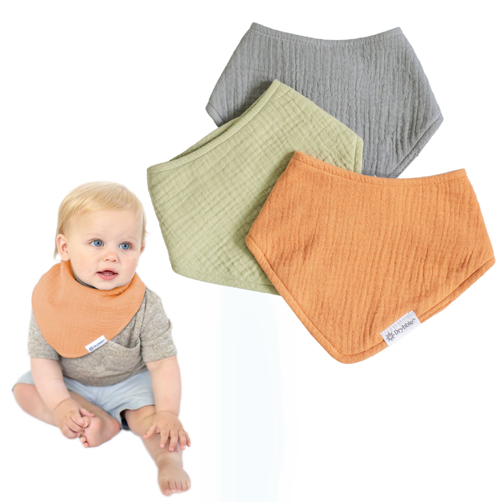 Element- Set of Orange, Gray, and Green - Organic Cotton Muslin Baby Bibs