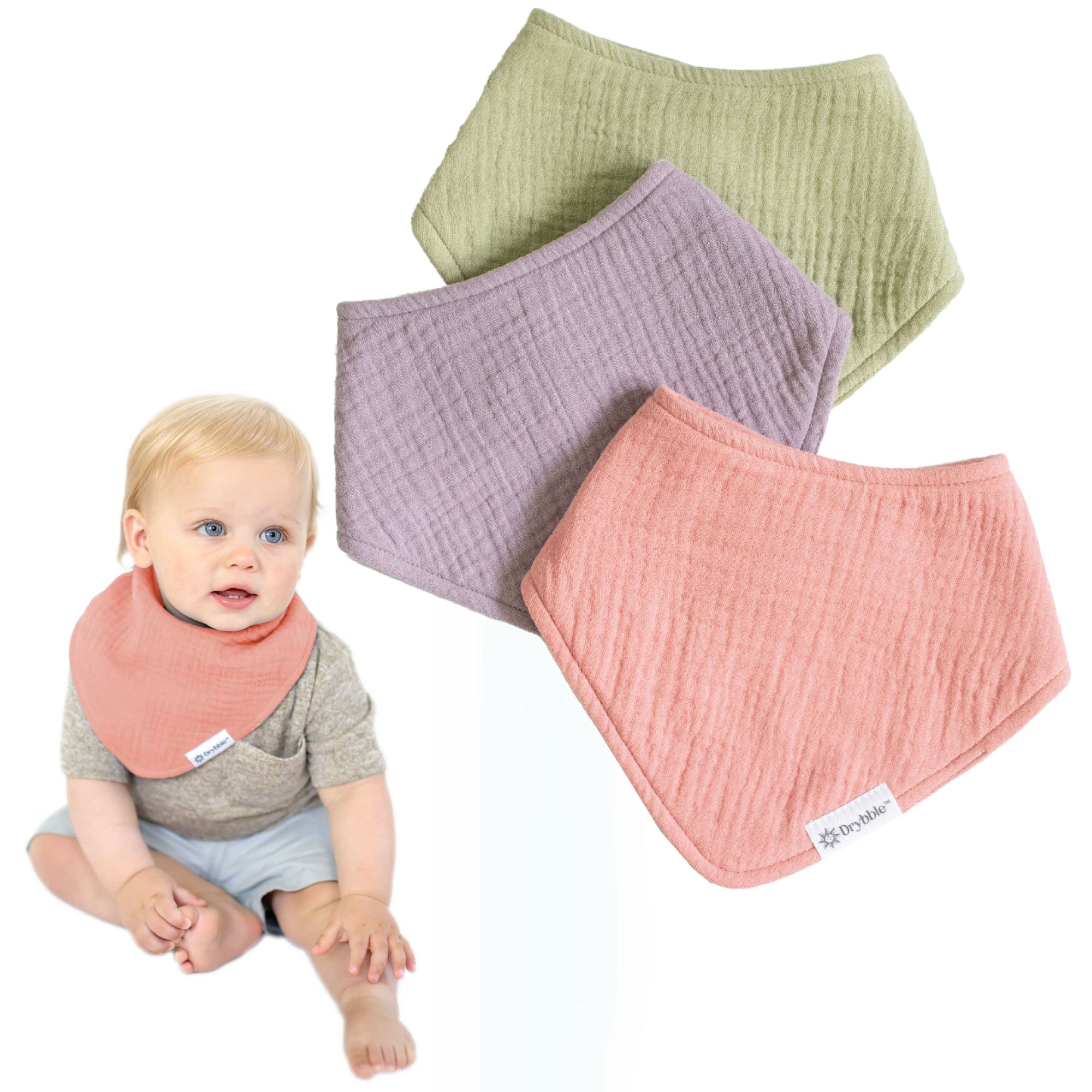 Blossom- Set of Pink, Purple, and Green - Organic Cotton Muslin Baby Bibs