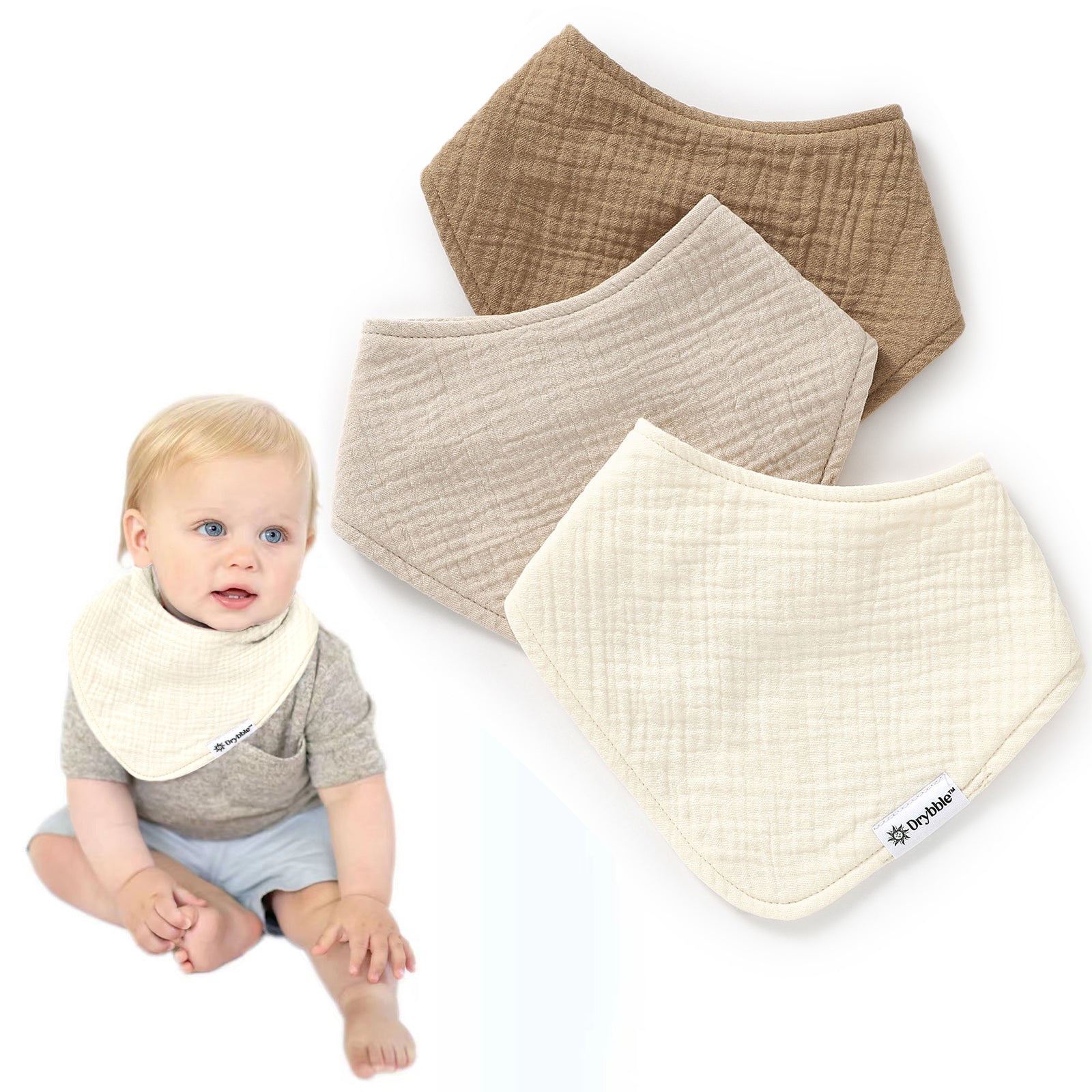 Café Au Lait - Set of Coffee, Cream, and Beige - Organic Cotton Muslin Baby Bibs