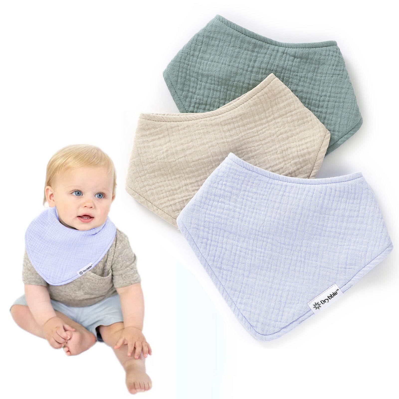 Aquatica - Set of Light Blue, Teal, and Sand - Organic Cotton Muslin Baby Bibs